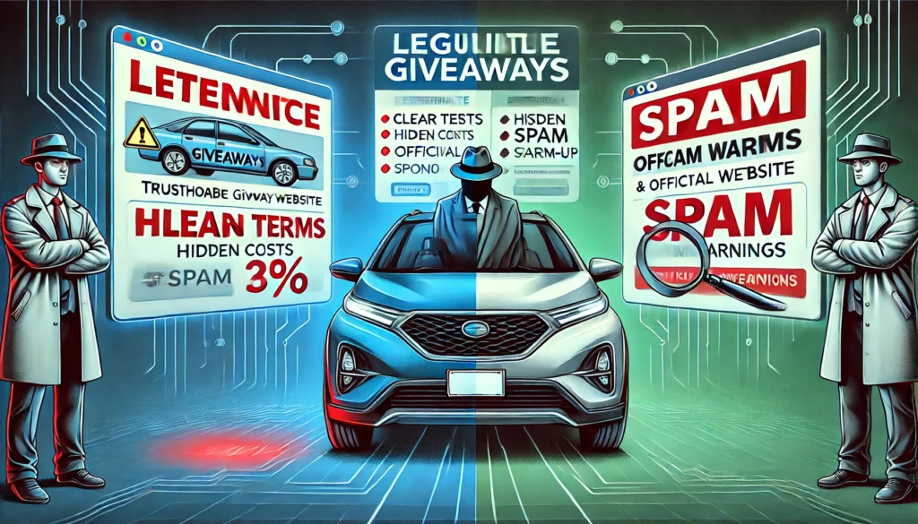 A professional illustration visualizing the difference between legitimate and fraudulent car giveaways. In the center, a shiny car with an official giveaway banner. On the left, a trustworthy giveaway website with clear terms and an official sponsor logo. On the right, a suspicious website with hidden costs, spam warnings, and a sketchy pop-up. A detective with a magnifying glass is inspecting both sides. The background features a digital network symbolizing online research. Color palette: blue and green for trust, red for warning signals. High-resolution, modern, professional style with slight futuristic accents.