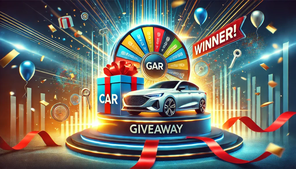 A modern, dynamic illustration of a car giveaway. At the center, a shiny, brand-new car is displayed on a festive stage, surrounded by confetti and balloons. A large giveaway raffle box or a digital prize wheel with symbols like a car logo, a key, and a 'Winner!' banner emphasizes the giveaway theme. The background features an exciting, glowing atmosphere that conveys anticipation and thrill. The color palette combines gold, blue, and red tones to symbolize luxury, luck, and excitement. High-resolution, modern, professional style with slight futuristic accents.