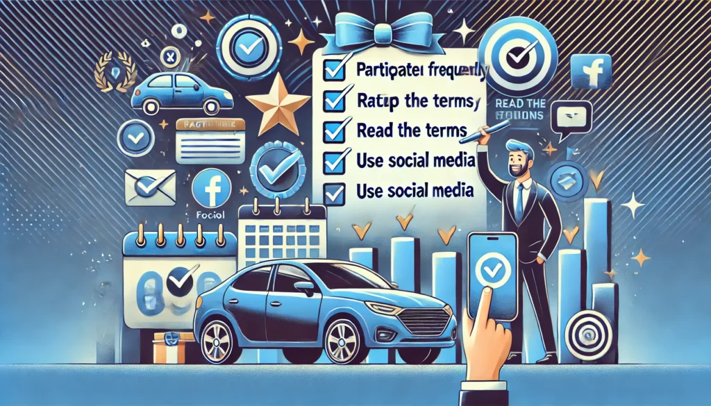 A modern, motivational illustration focusing on tips to improve chances in car giveaways. At the center, a checklist with checkmarks highlights key success factors like 'Participate frequently,' 'Read the terms,' and 'Use social media.' Next to it, a happy participant is receiving a winning notification on their smartphone. In the background, symbols for cars, social media icons, a calendar, and an email inbox represent different strategies. The color palette combines blue and gold tones for a mix of trust and success. High-resolution, modern, professional style with slight futuristic accents.