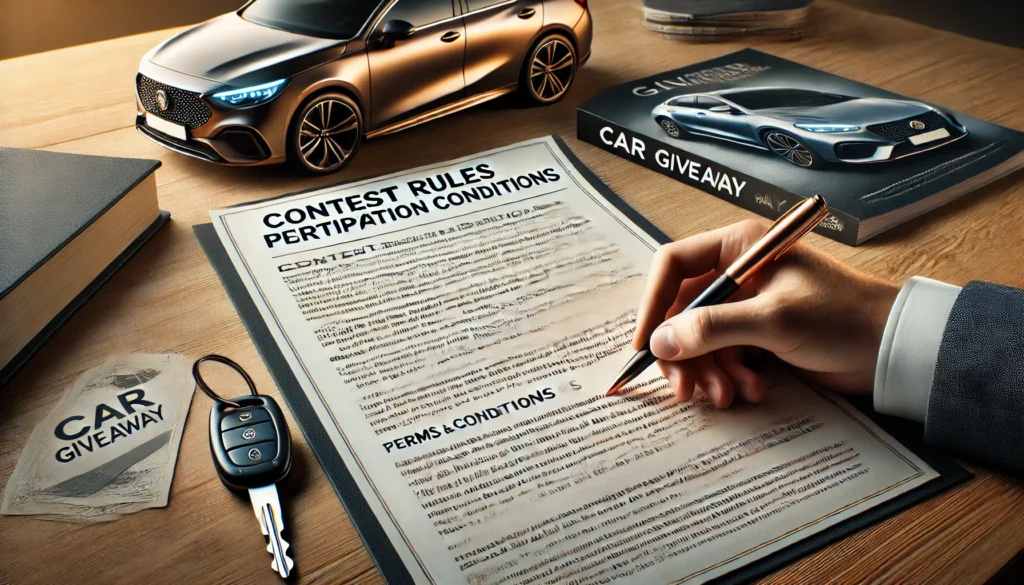 A realistic, high-quality photograph representing contest rules and participation conditions for a car giveaway. A close-up of a printed document with detailed terms and conditions, placed on a wooden desk. A person’s hand is holding a pen, carefully reading and highlighting important sections. In the background, a car key and a sleek brochure with a car image are visible, symbolizing the giveaway prize. The setting is professional and well-lit, with a neutral and trustworthy color palette. Photorealistic, high-resolution, sharp details.