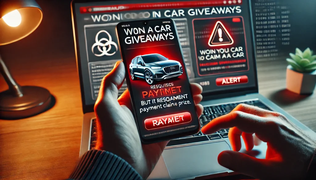 A realistic, high-quality photograph illustrating fraud in car giveaways. A person is holding a smartphone displaying a suspicious message claiming they won a car, but it requests payment to claim the prize. On the screen, there are red warning symbols and an alert message. In the background, a laptop screen shows a phishing email with fake car giveaway details. The setting is dimly lit, emphasizing a sense of caution. The color palette includes dark tones with red highlights to indicate danger. Photorealistic, high-resolution, sharp details.