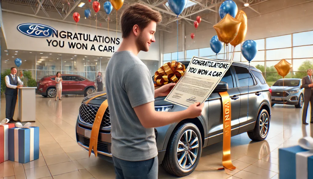 A realistic, high-quality photograph capturing the excitement of winning a car. A person is holding an official-looking email or letter stating 'Congratulations, You Won a Car!' while standing next to a shiny new vehicle with a ribbon on it. In the background, a car dealership or celebratory setting is visible, with balloons and banners. The person appears happy and slightly surprised, looking at the document. The color palette includes bright and warm tones to emphasize excitement and joy. Photorealistic, high-resolution, sharp details.